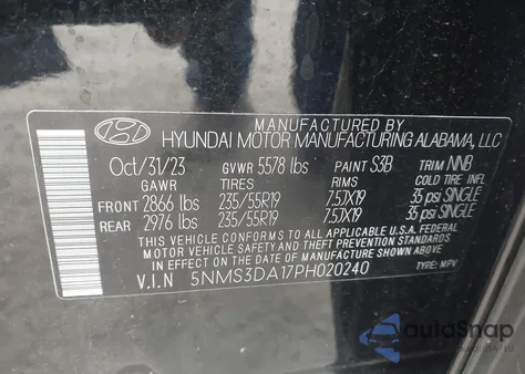 2023 Hyundai Santa Fe Hybrid Sel Premium from USA, damaged, VIN 5NMS3DA17PH020240